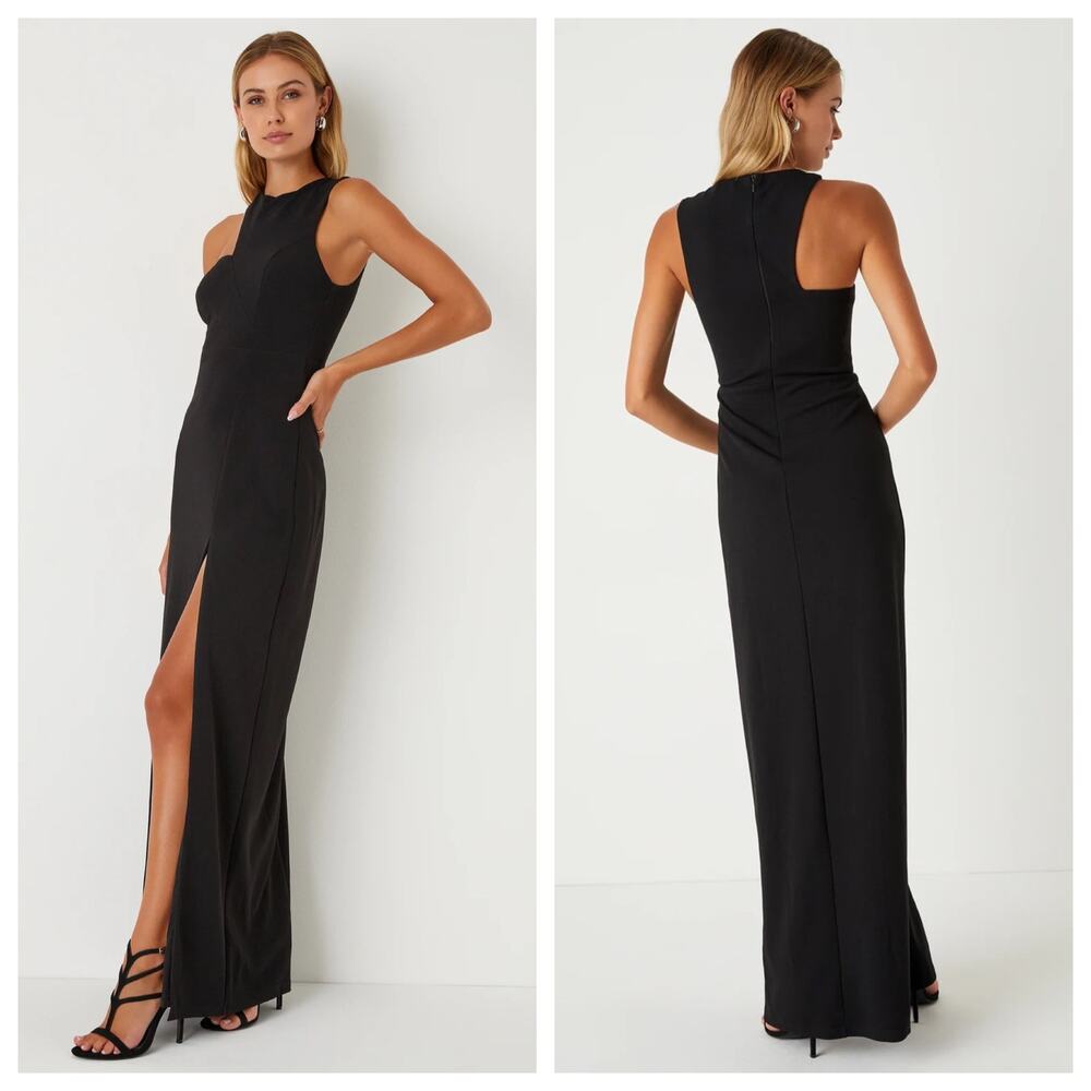 Lulus Poised Preparation Black Crepe Asymmetrical Column Maxi Dress Size M